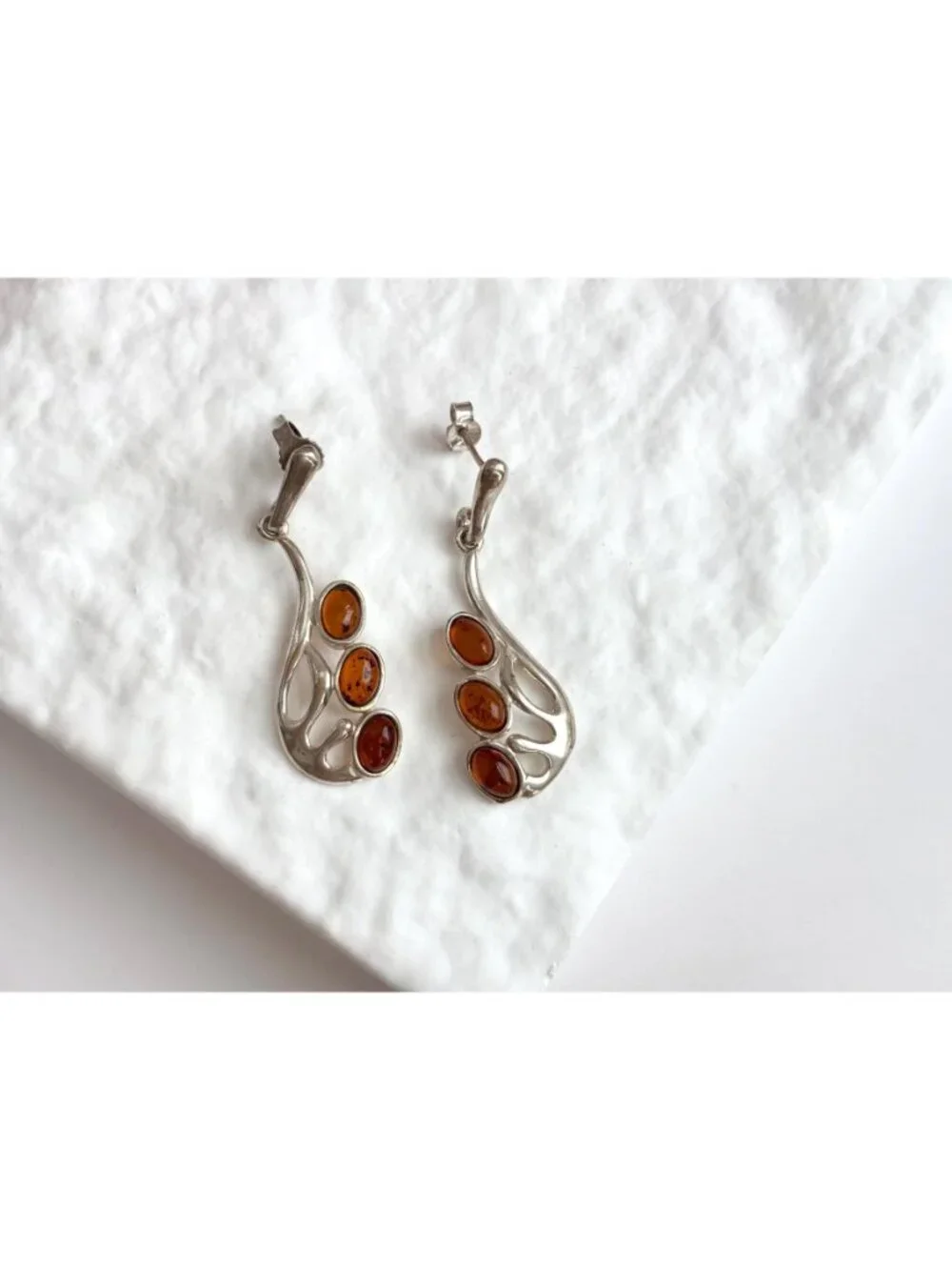 Natural Baltic Amber Accented Modernist Sterling Silver Classic 925 Earrings